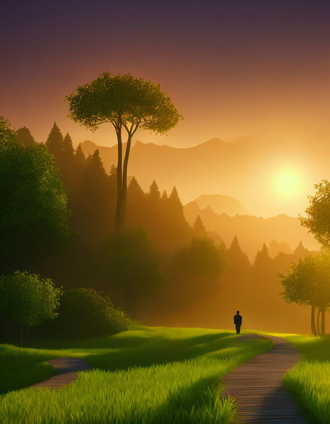 Tranquil sunset landscape with lone figure, lush greenery, tree, and distant mountains