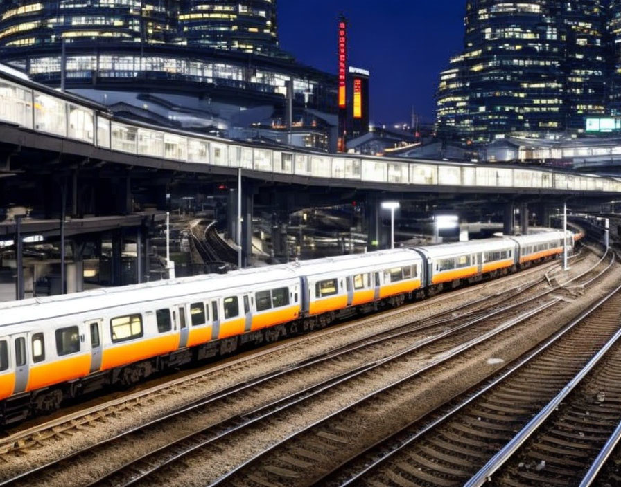 Modern urban rail station at night with passing train and illuminated office towers