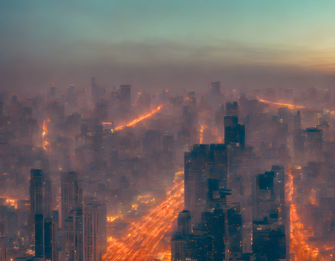 Glowing twilight cityscape with skyscrapers in dusky sky