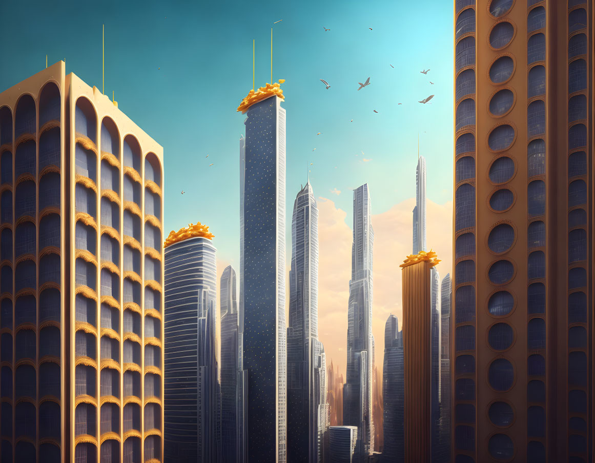 Modern cityscape with tall skyscrapers, sunlight, flying birds, and golden rooftops.