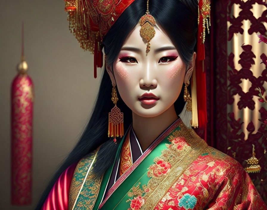 Digital Artwork: Elegant Woman in Traditional Asian Attire