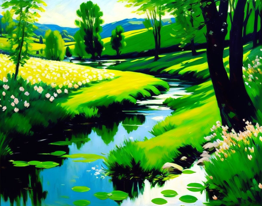 Serene stream in lush green landscape with white flowers