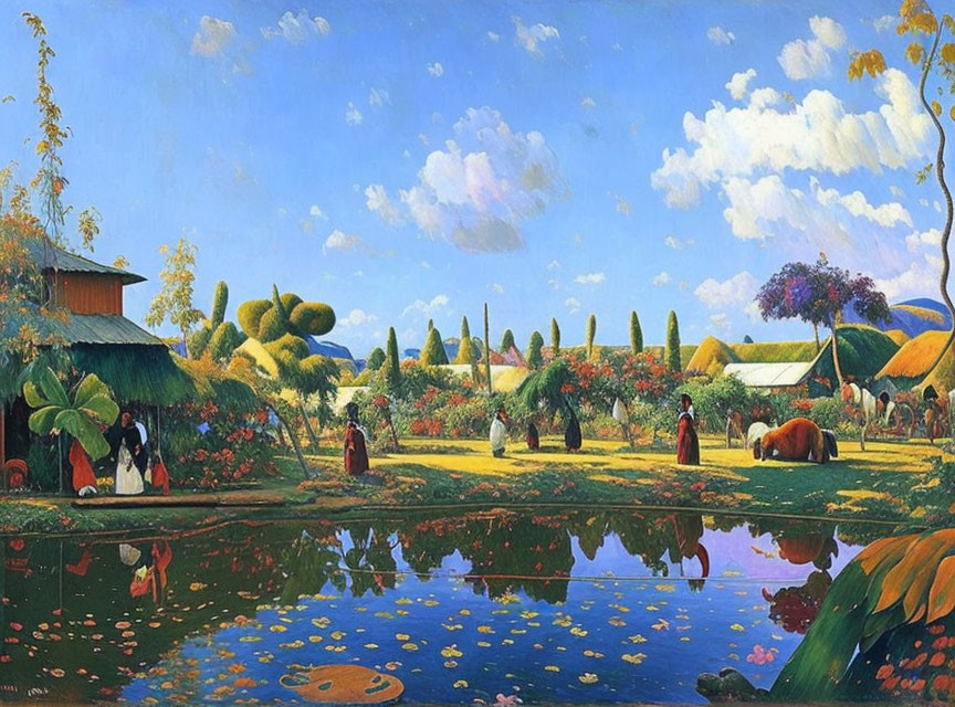 Traditional Attire Landscape Painting with Pond & Lush Flora