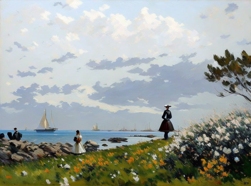 Tranquil coastal landscape with people, sailing ships, and wildflowers