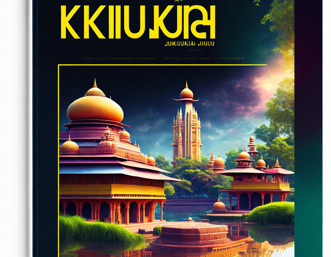 Vibrant poster: Stylized Indian temple with domes and spires, reflected in serene