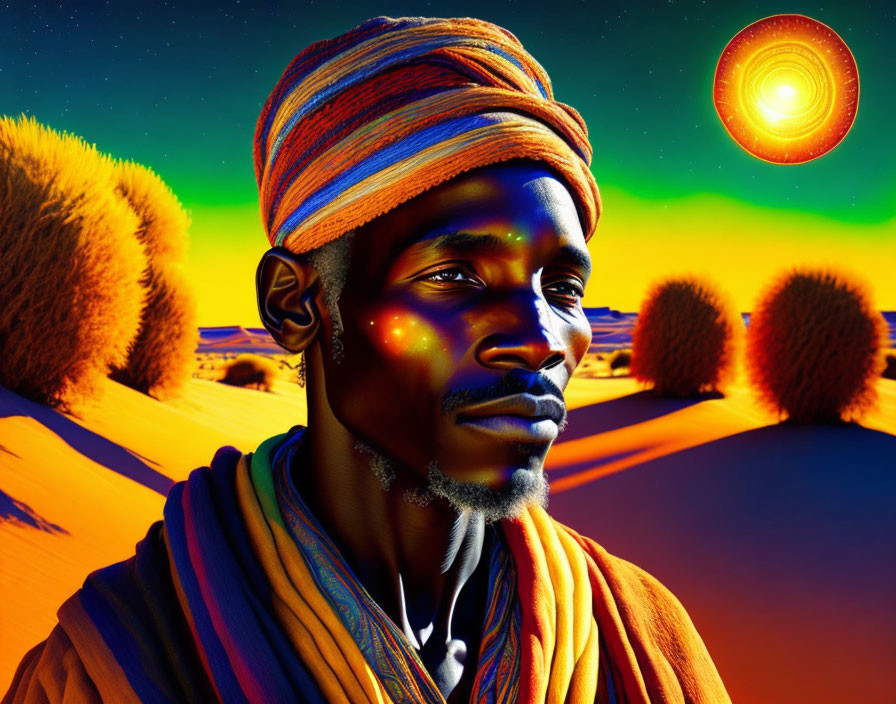 Vibrant digital artwork: man in patterned clothing in desert landscape