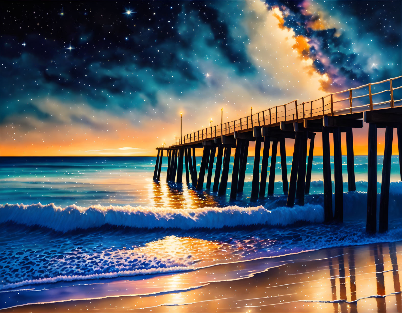 Scenic beach sunset with pier and starry sky