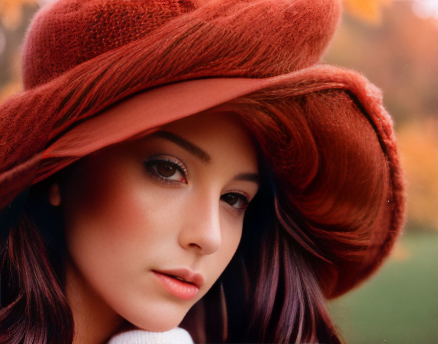 Auburn-Haired Woman in Red Wide-Brimmed Hat with Striking Makeup