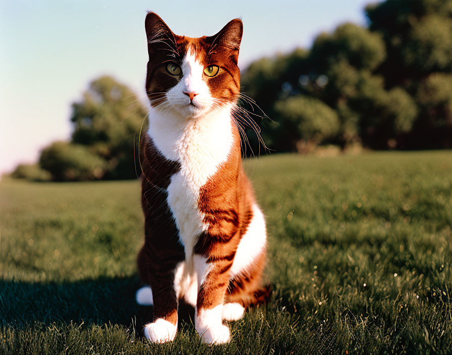 Brown and White Cat with Green Eyes Sitting on Grass under Blue Skies