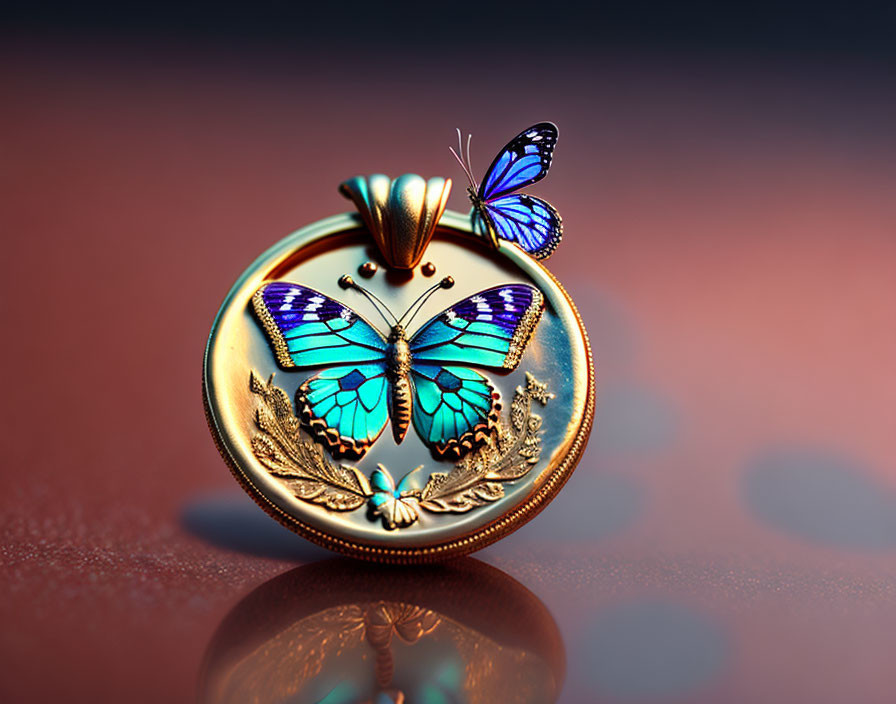 Blue butterfly on golden pocket watch with ornate design & reflection