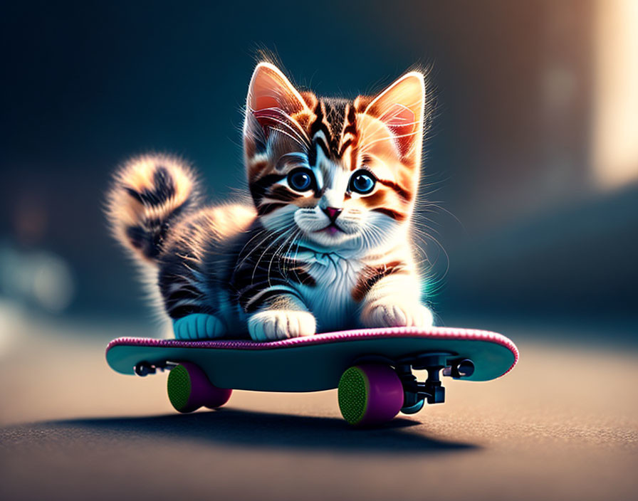 Striped kitten on colorful skateboard against blurred background