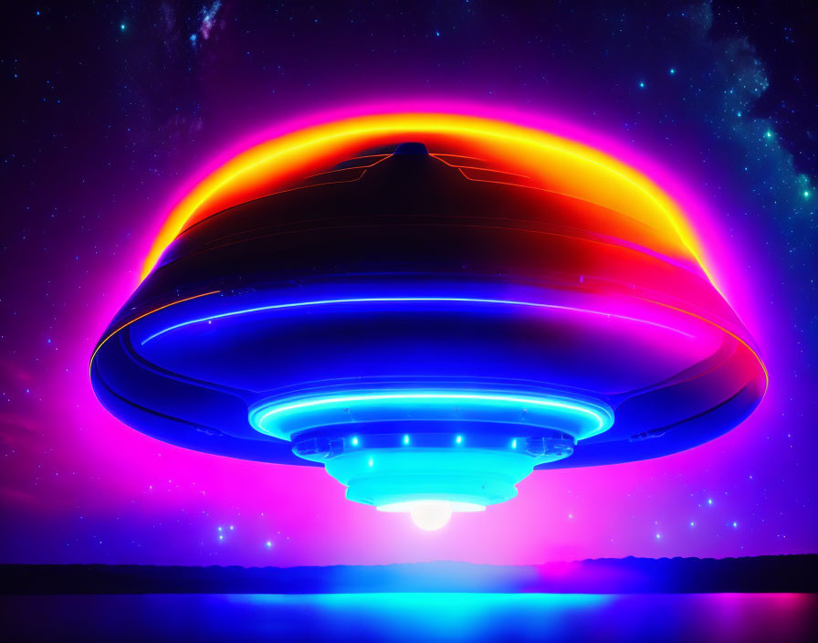 Colorful UFO hovers over night landscape with neon lights.