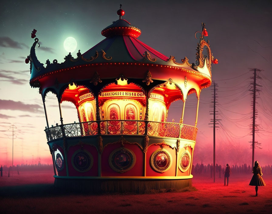 Ornate carousel in twilight landscape with silhouetted figures