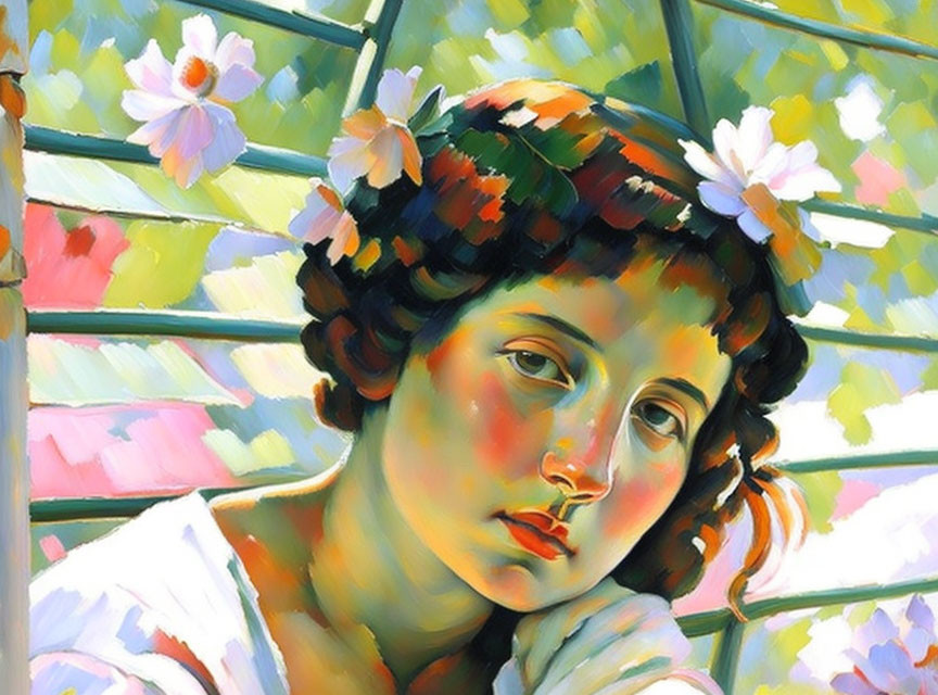 Pensive young woman with flowers in hair against colorful backdrop