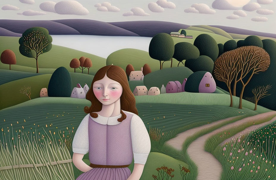 Auburn-Haired Girl in Pastoral Landscape with Stylized Trees