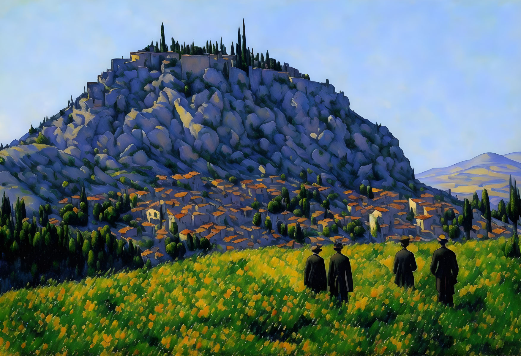 Four figures in dark suits in vibrant yellow flower field with rocky hill and cypress trees