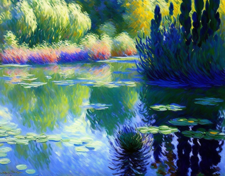 Tranquil Pond with Water Lilies and Vibrant Flora Reflections