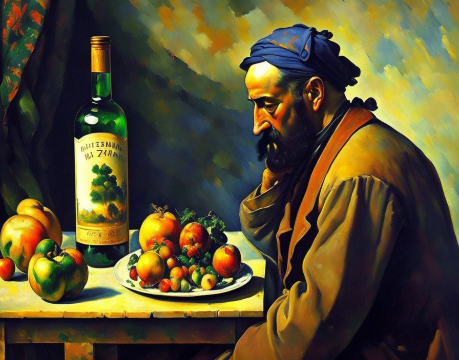 Bearded man in blue headwrap gazes at fruit and wine on table