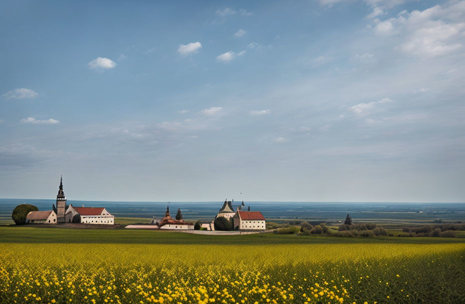 Rural landscape with blooming rapeseed field and church against blue sky