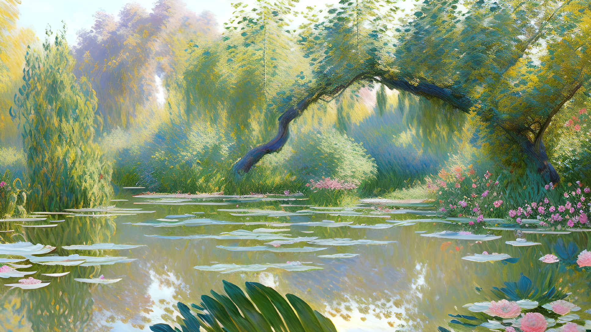 Tranquil pond with water lilies, lush trees, and overhanging branch