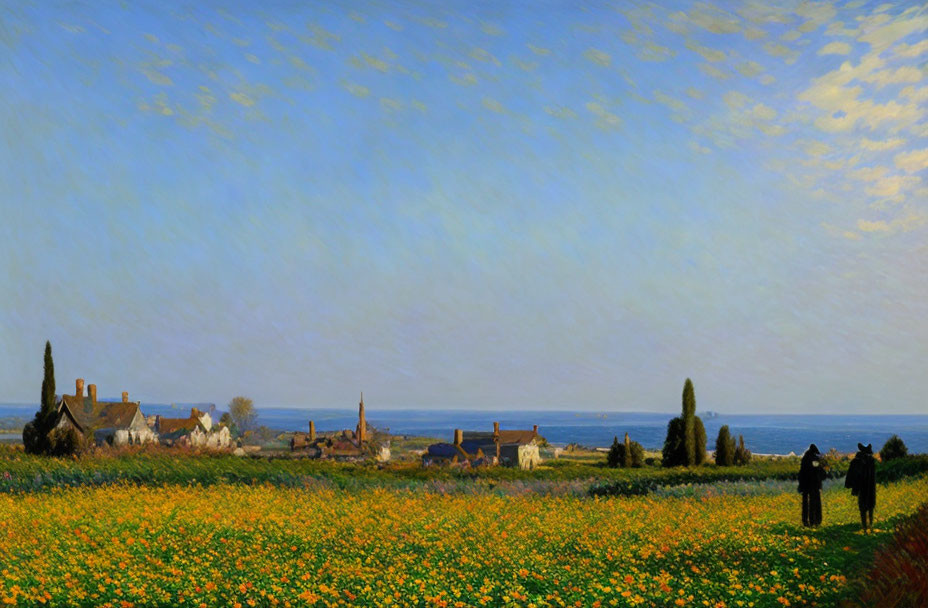 Vibrant flower field in pastoral landscape with figures and seaside village