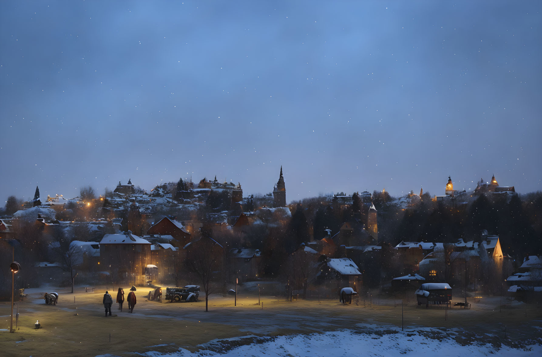 Snow-covered streets and illuminated buildings on serene winter evening