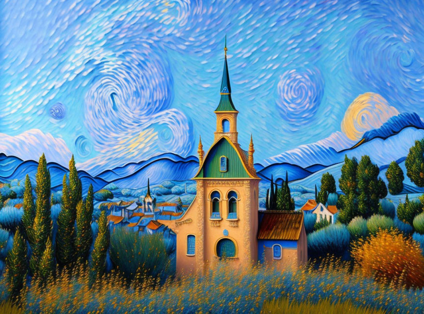 Colorful church painting with swirling landscape and Van Gogh-inspired sky