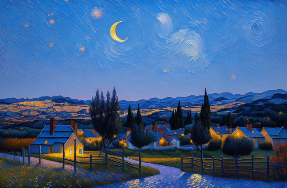 Starry night landscape with crescent moon and village