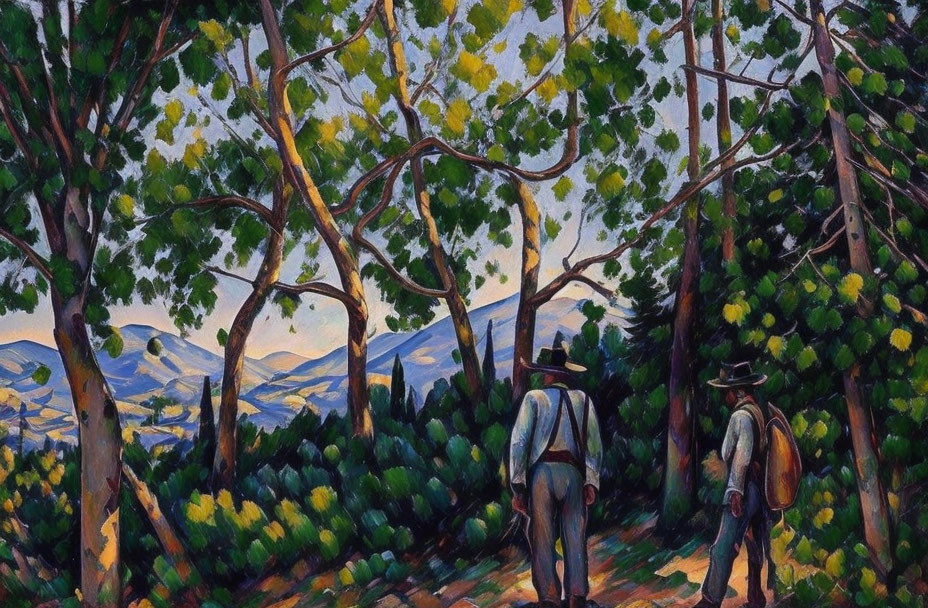 Scenic landscape with two individuals in hats admiring rolling hills and trees