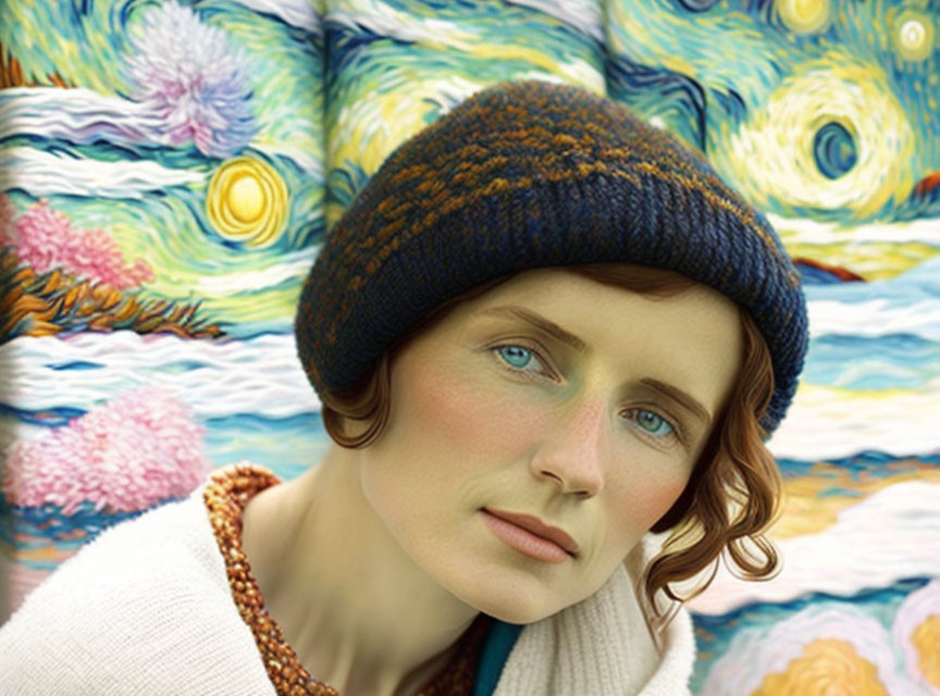 Woman's portrait merged with Starry Night background, expressive eyes and knitted hat.