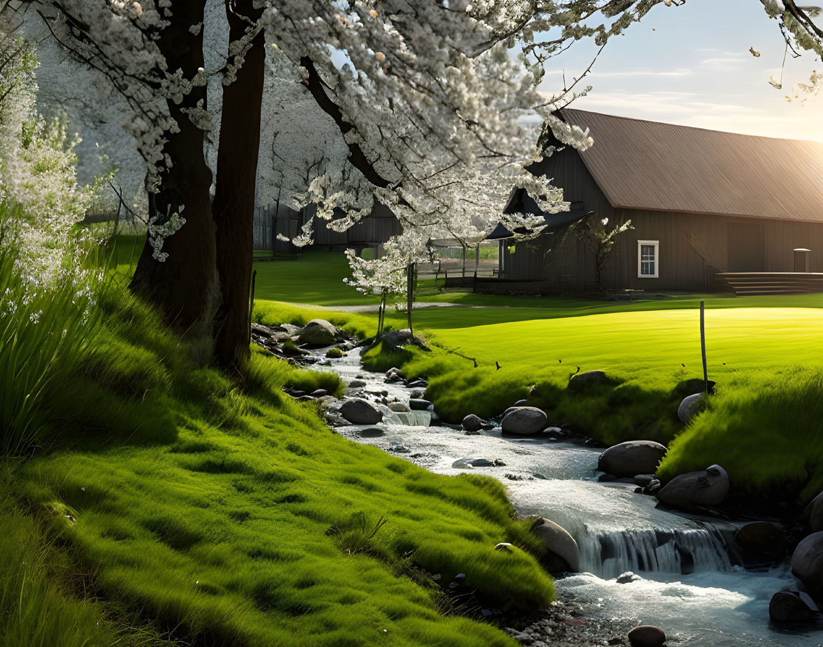 Tranquil rural landscape with greenery, stream, blossoms, and barns