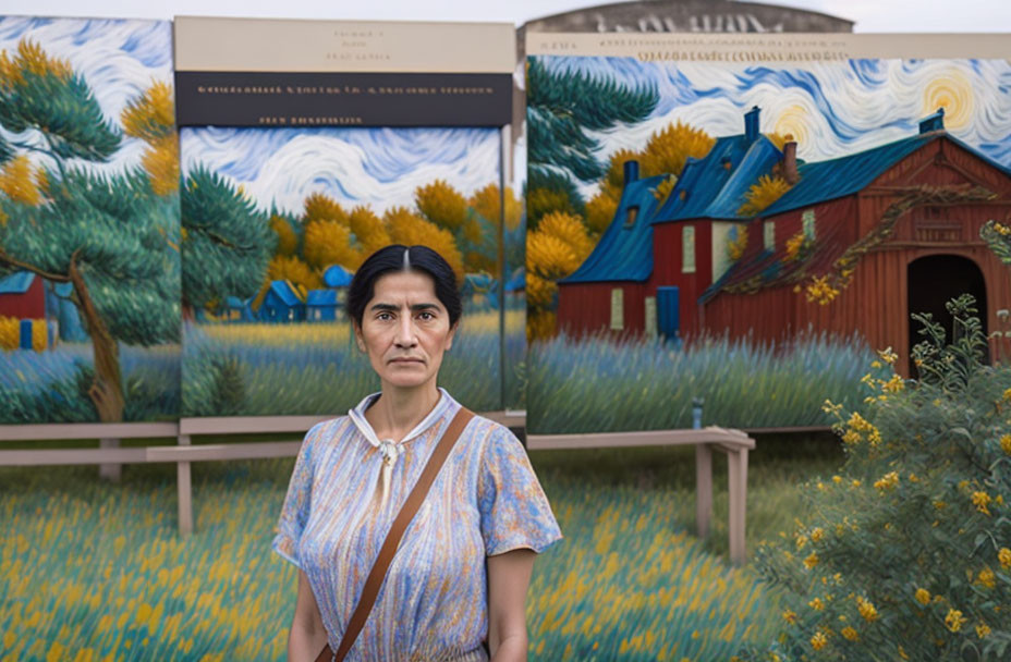 Woman in Van Gogh-inspired mural setting with vibrant foliage.