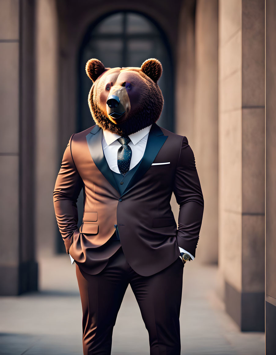 Bear-headed person in stylish brown suit poses in architectural corridor