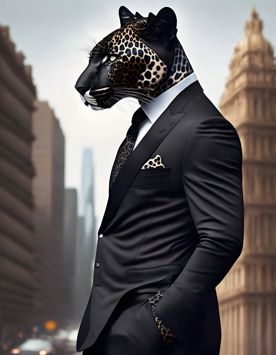 Digital image of jaguar head on human body in suit on urban street