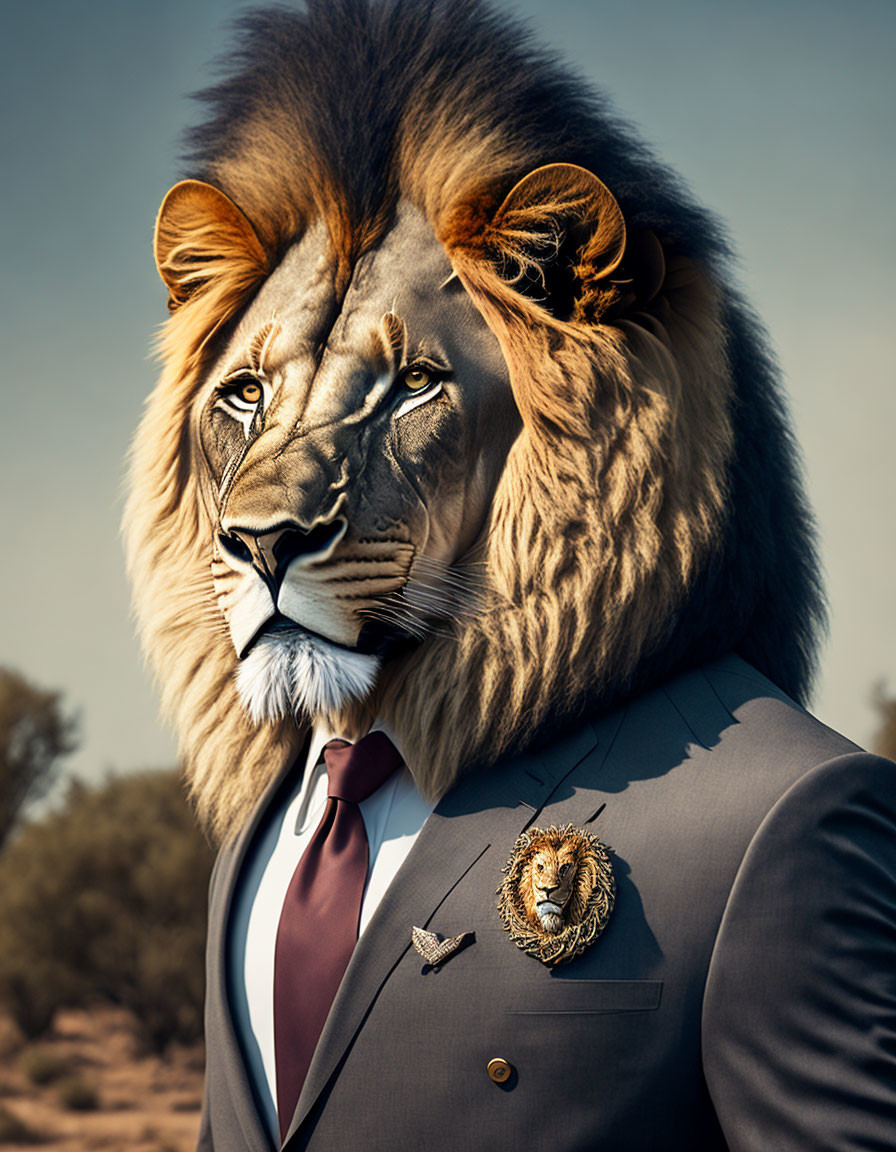 Majestic lion in grey suit with savannah backdrop