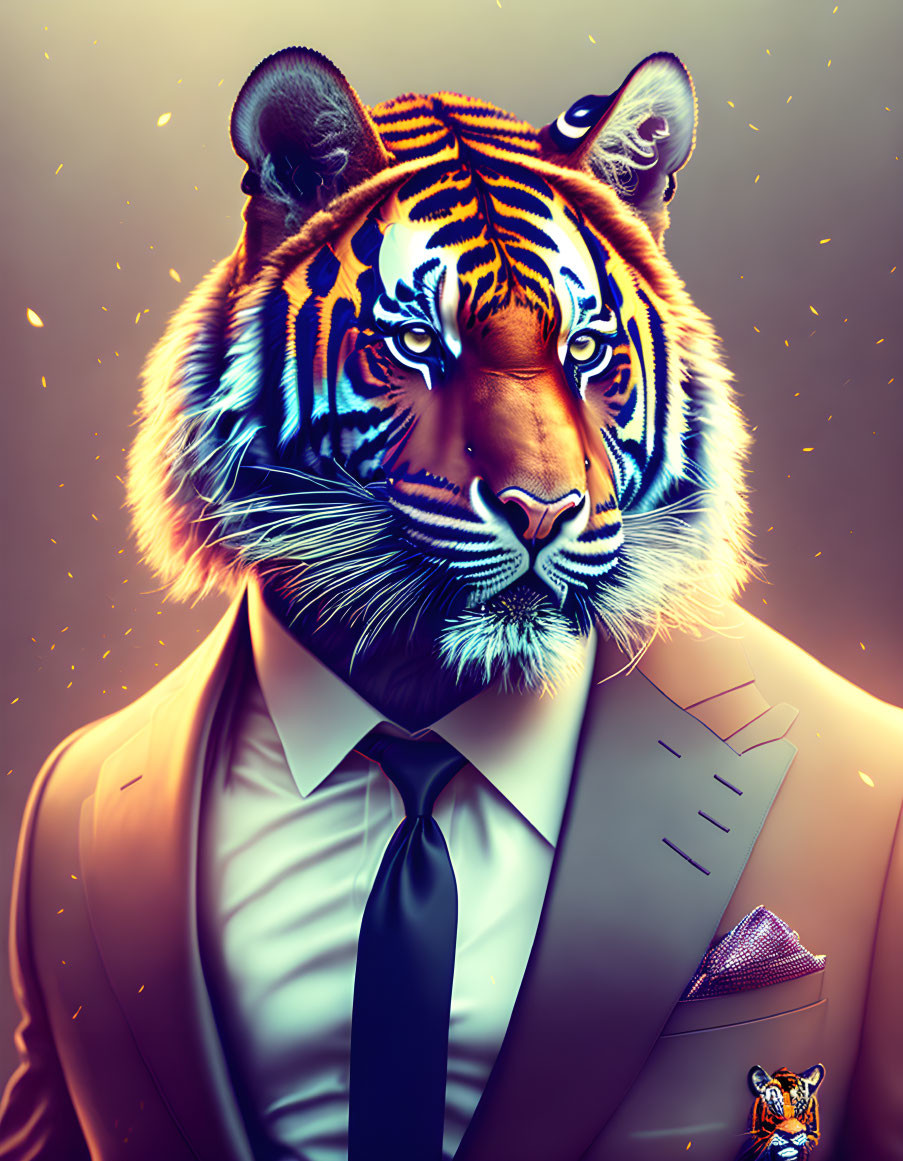 Tiger-headed character in sharp suit and tie against cosmic backdrop