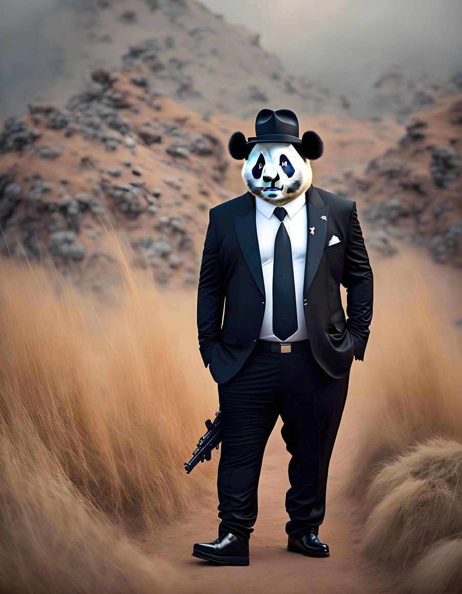 Person in panda mask with gun in field with barren hill