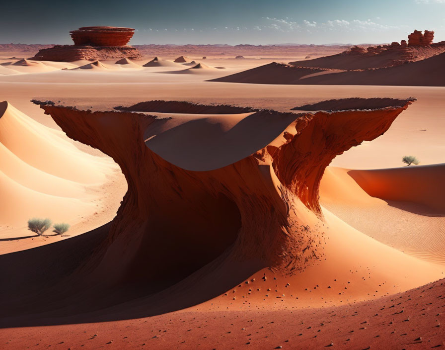 Desert landscape with red sand dunes and rock formation