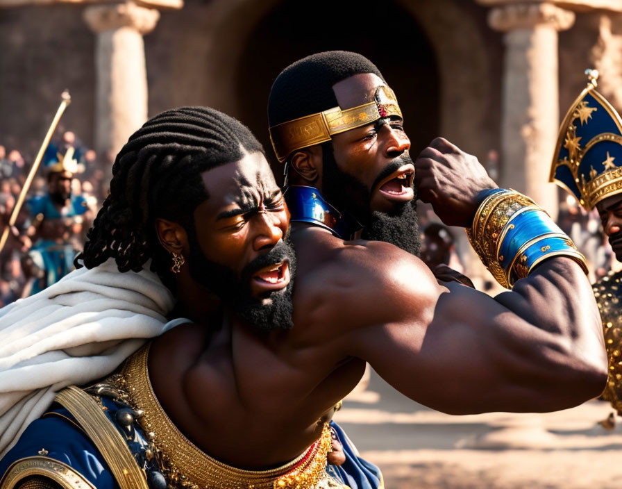 Men in elaborate ancient warrior costumes having a discussion in a crowded scene