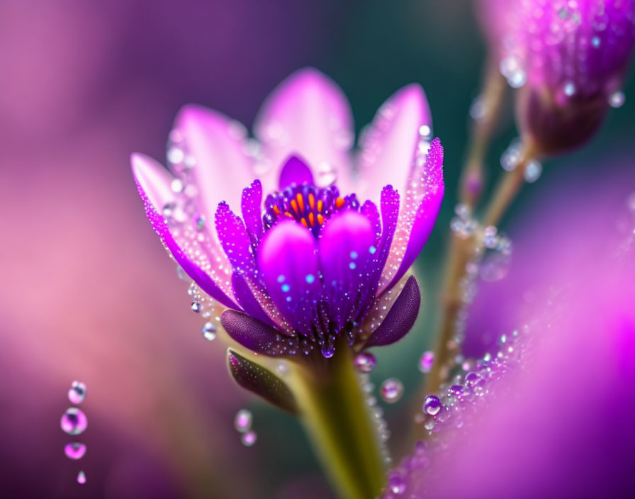 Purple flower with water droplets on petals against blurred magenta background