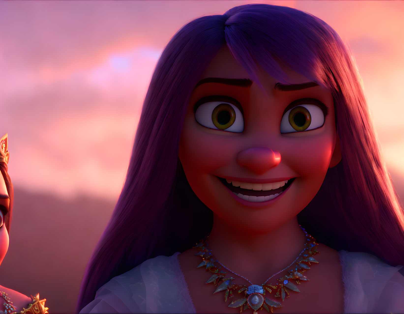 Smiling animated female character with purple hair and green eyes