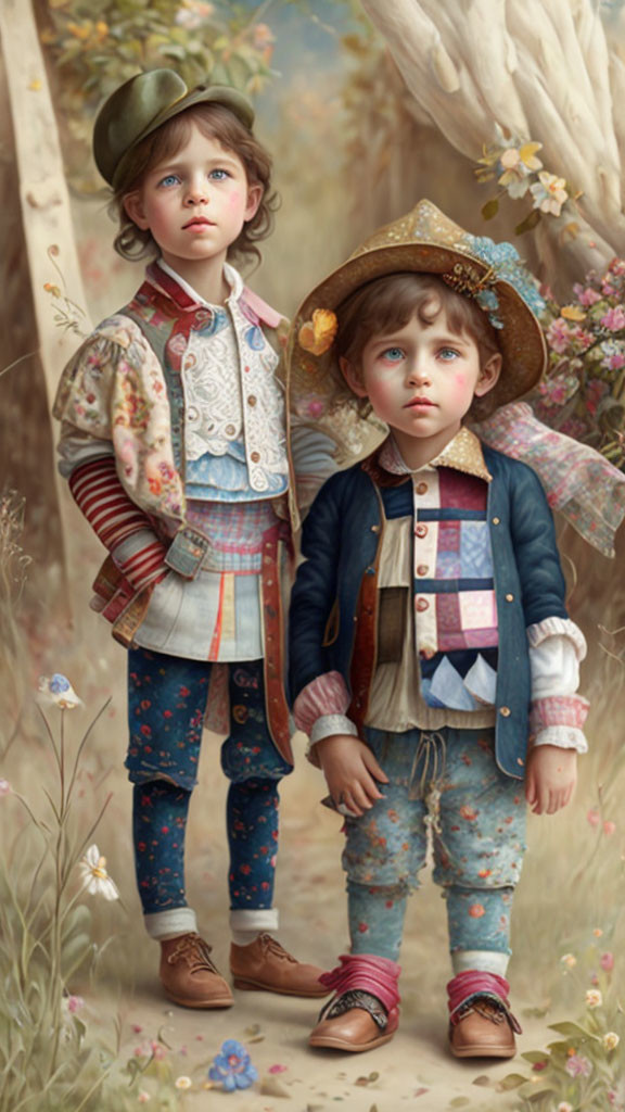 Vintage clothing children with floral patterns among flowers.