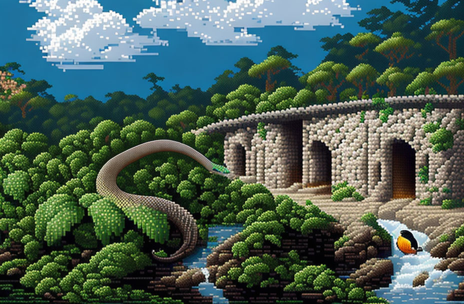 Large Snake Pixel Art in Lush Jungle with Stone Bridge & Toucan