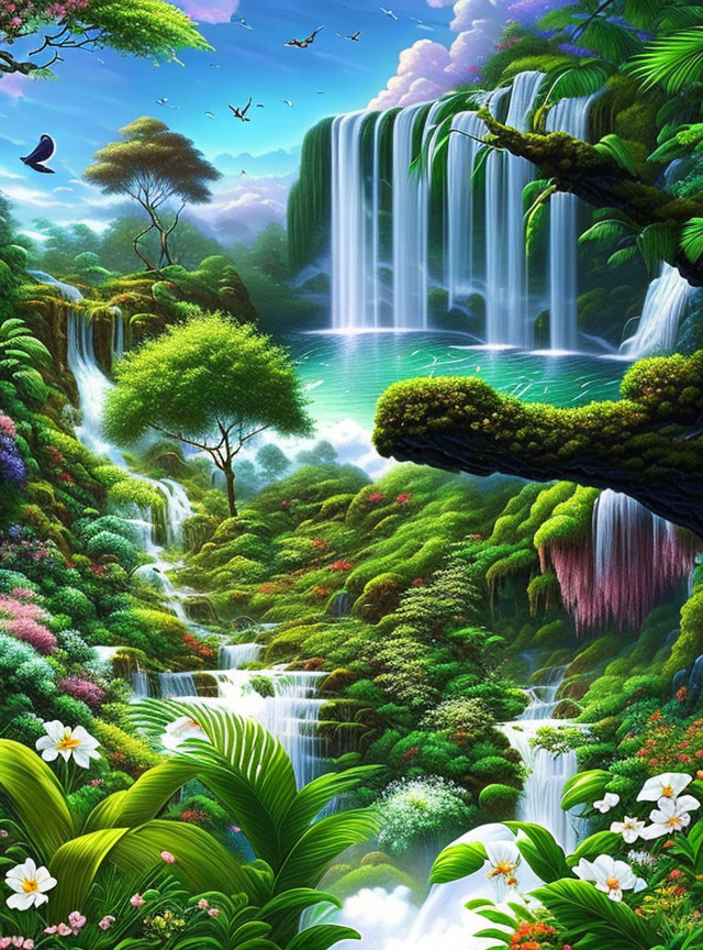 Colorful Waterfall Landscape with Birds and Flowers