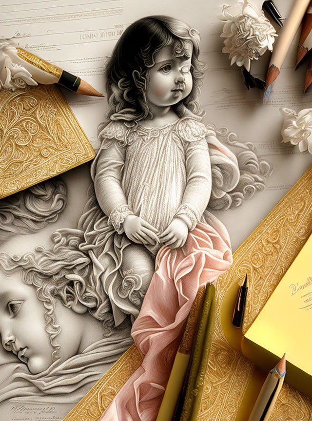 Monochromatic drawing of young girl with storybook pages, pencils, and flowers