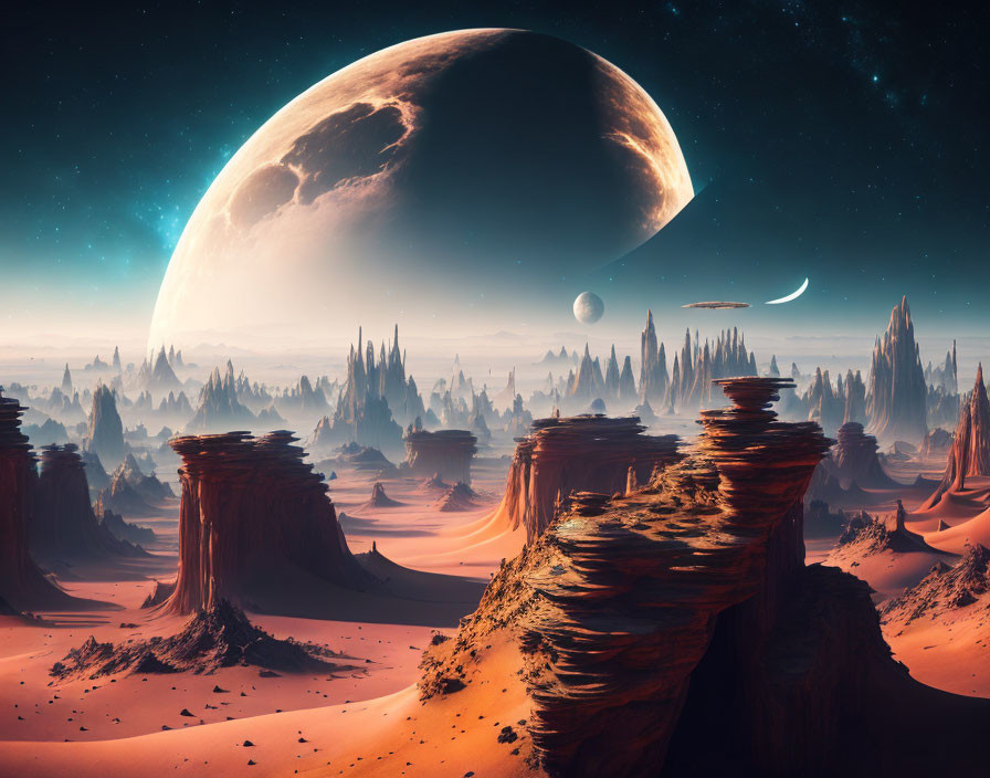 Surreal desert landscape with towering rock formations and celestial sky