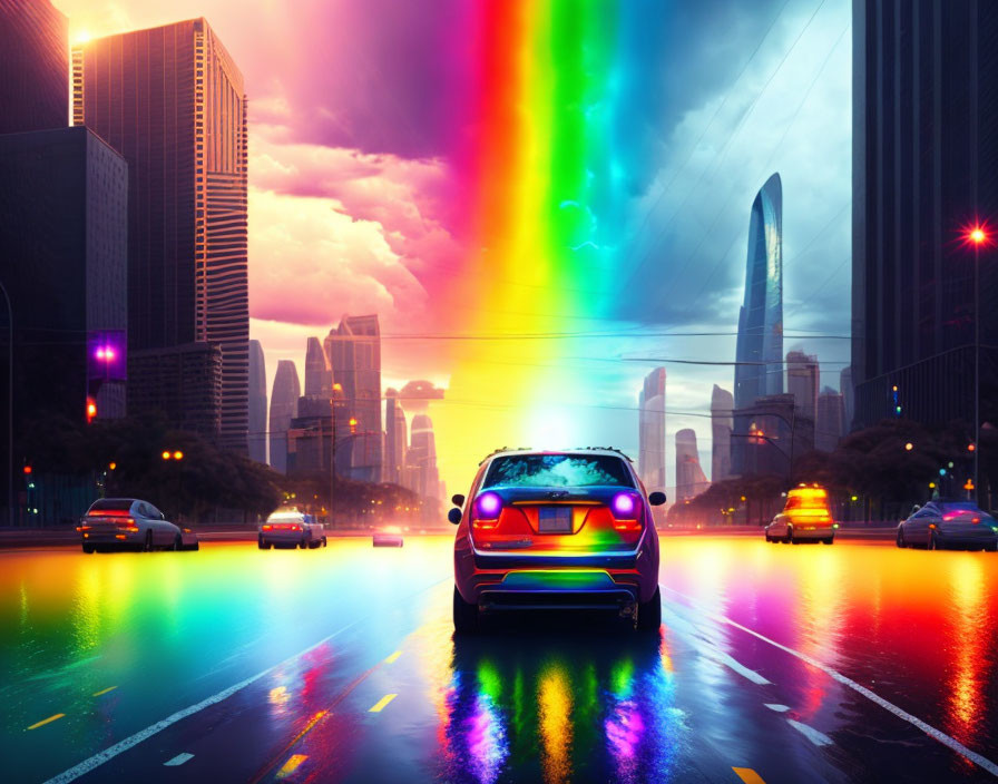 Vibrant rainbow colors reflected on wet city street with modern skyscrapers under stormy sky