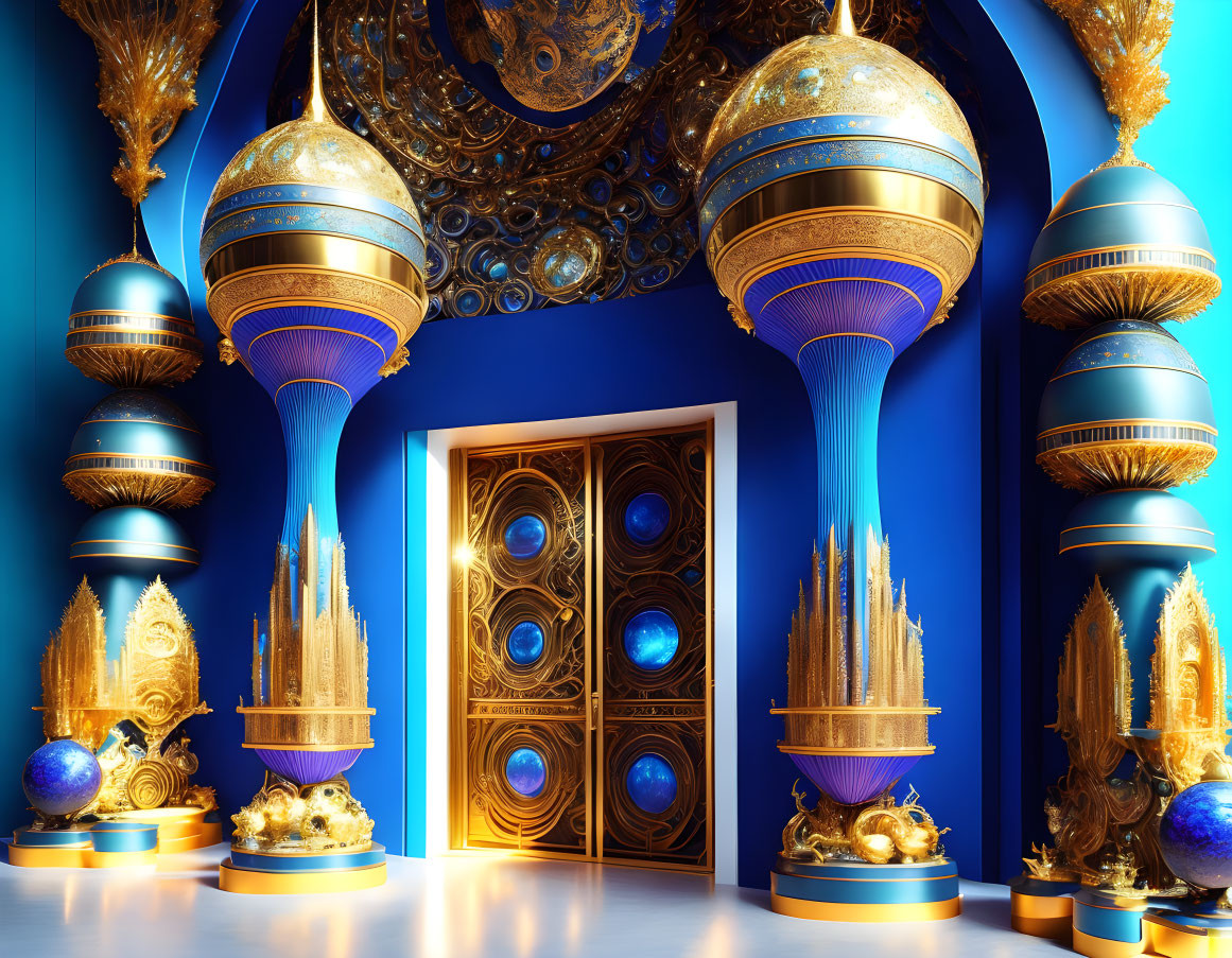 Luxurious Room with Gold and Blue Decor, Celestial Orbs, and Ornate Patterns