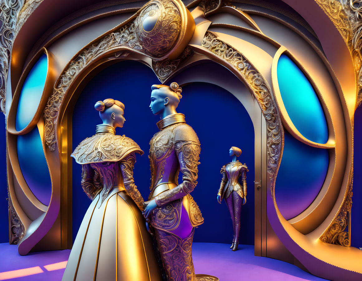 Futuristic characters in ornate clothing under golden arch with blue lighting