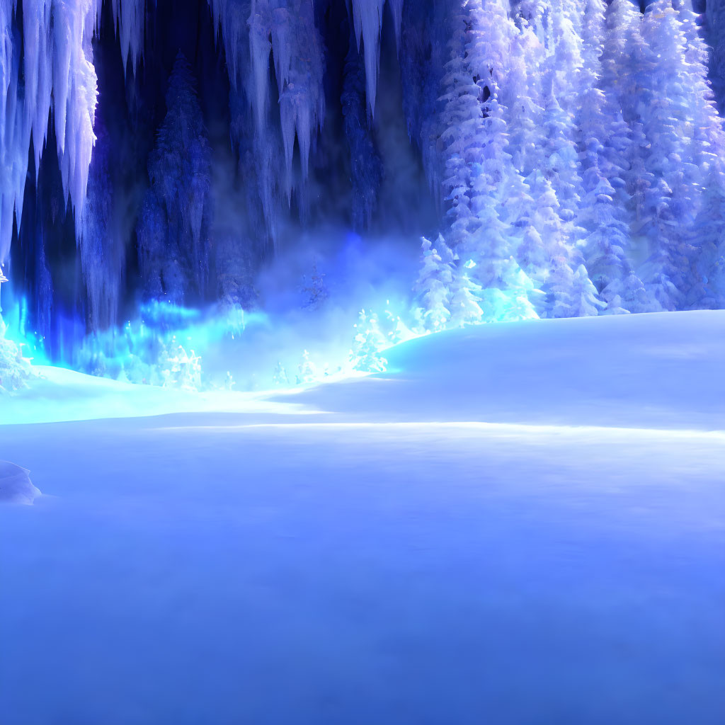 Snow-covered trees and icicles in winter landscape with icy blue lights